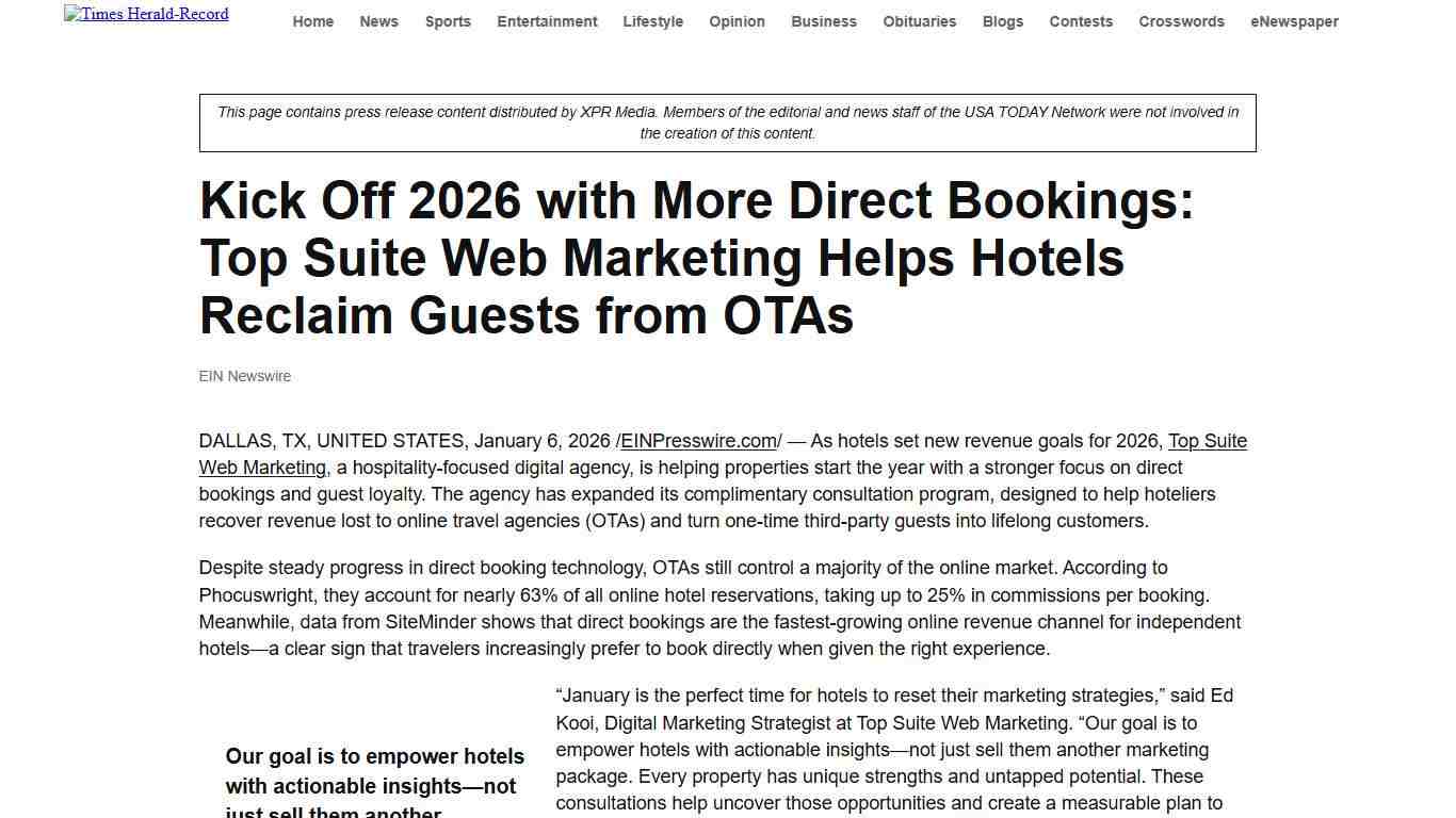 Kick Off 2026 with More Direct Bookings: Top Suite Web Marketing Helps Hotels Reclaim Guests from OTAs - Times Herald-Record
