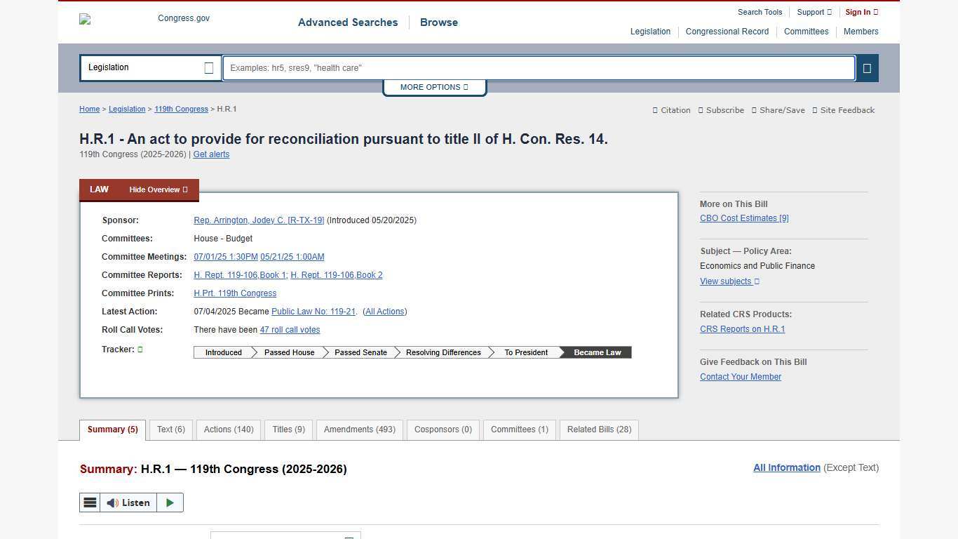 H.R.1 - 119th Congress (2025-2026): An act to provide for reconciliation pursuant to title II of H. Con. Res. 14. Congress.gov Library of Congress